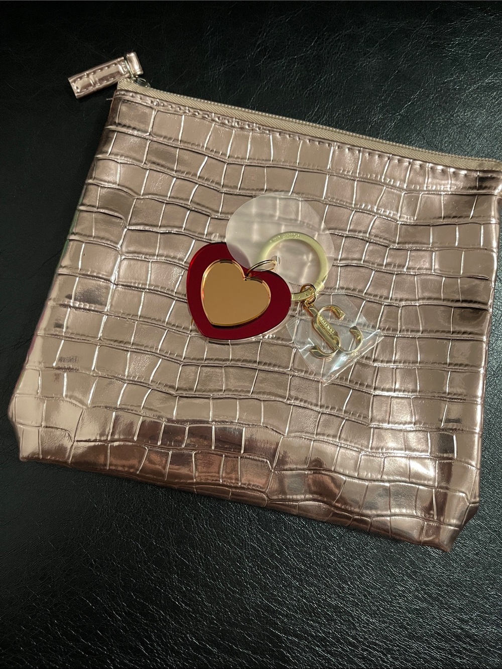 Metallic Croc-Embossed Pouch with Heart Charm - Rose Gold